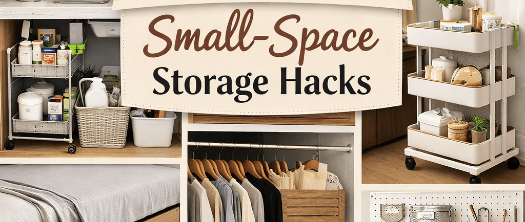 Collage of six small‑space storage ideas including an over‑door organizer with cleaning supplies, floating kitchen shelves