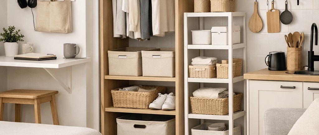 Minimalist small‑apartment storage setup featuring a floating desk with a pegboard organizer, an open wardrobe