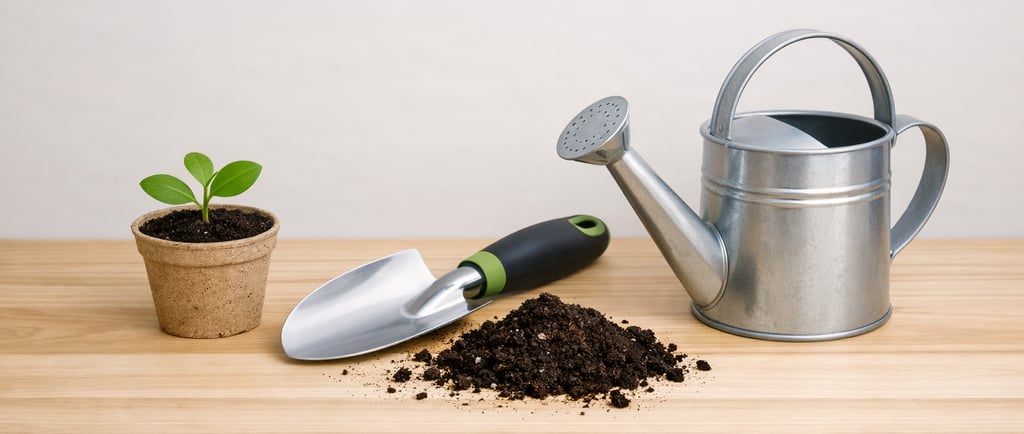 Minimalist backyard gardening scene with a small potted plant, soil, trowel,