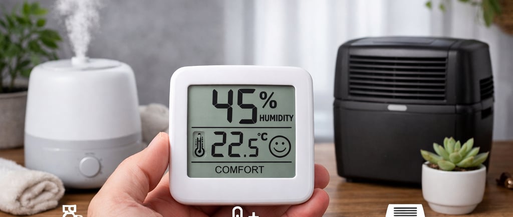 Digital hygrometer shows 45% humidity and 22.5°C temperature placed between a humidifier and dehumidifier 