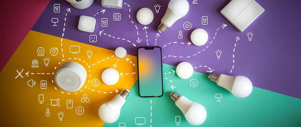 A smartphone surrounded by smart home devices 