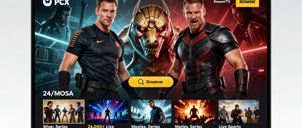 Droagon TV interface on a smart monitor streaming live sports, movies, and PPV events.