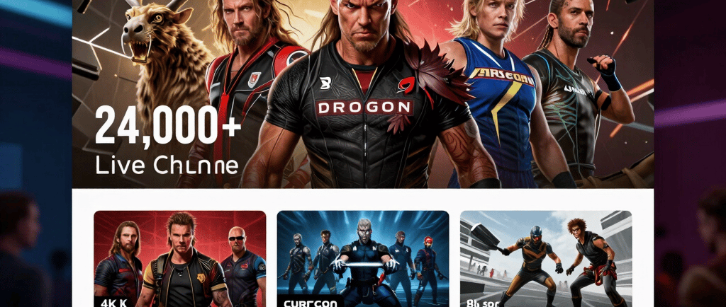 Drogon TV streaming interface displaying over 24,000 live channels for sports and PPV events.