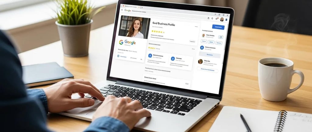Small business owner optimizing Google Business Profile in a cozy St. Helens office
