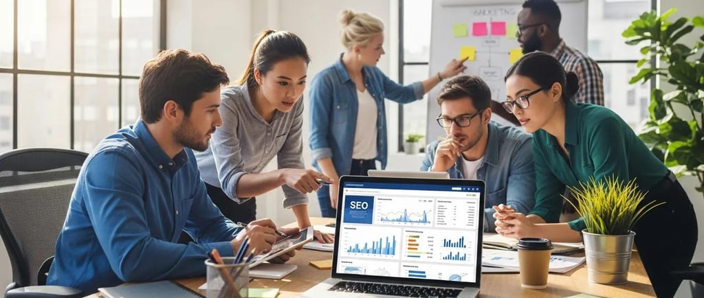 Team collaborating on SEO strategy in a modern office