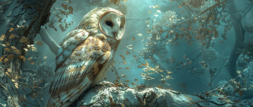 Forest scene with a barn owl, surrounded by floating leaves and light