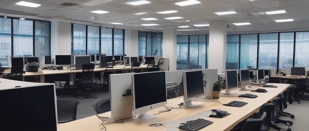 Modern open plan office workspace featuring rows of desktop computers, ergonomic chairs, and bright LED ceiling lights.