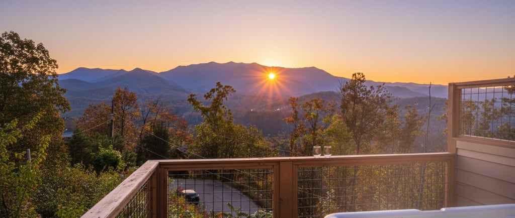 Steaming private hot tub on a secluded wooden deck overlooking the lush forest in Gatlinburg, Tennessee