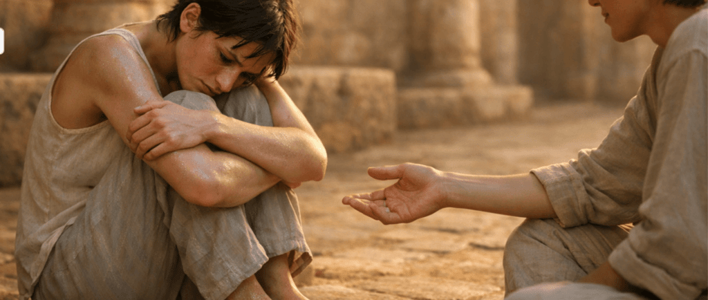 every heart is reachable man extending hand to sad lady