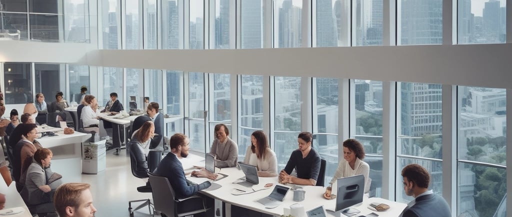 A serene workspace bathed in soft cream light with a sleek laptop open to an AI automation dashboard.