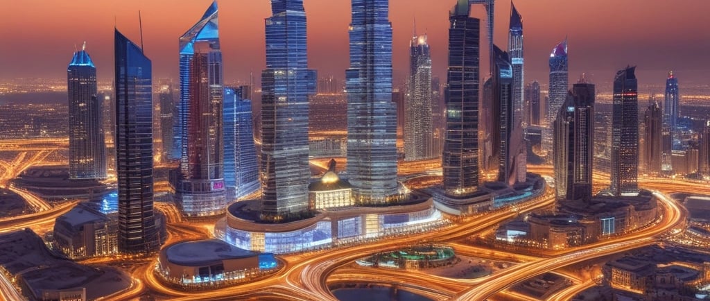 A determined Latina mother looking out over the Dubai skyline at sunset, symbolizing hope and resilience.