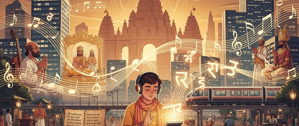 young indian man listening to ancient indian music