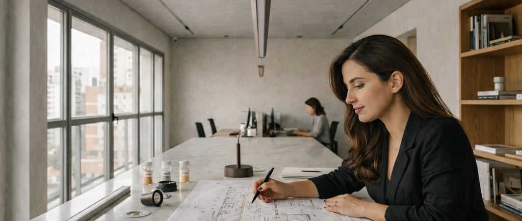 Arquiteta de iluminação analisando projeto luminotécnico em estúdio contemporâneo com amostras e luminárias técnicas