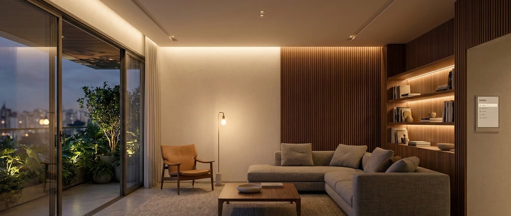 Ambiente residencial com iluminação automatizada e cenas programadas em projeto luminotécnico