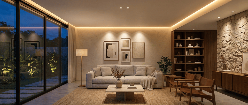 Ambiente residencial com iluminação planejada destacando percepção espacial e conforto visual em São Paulo.