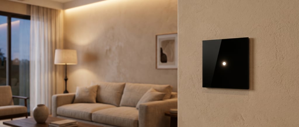 Dimmer touch instalado em parede de sala de estar com iluminação indireta e controle de intensidade luminosa ajustável