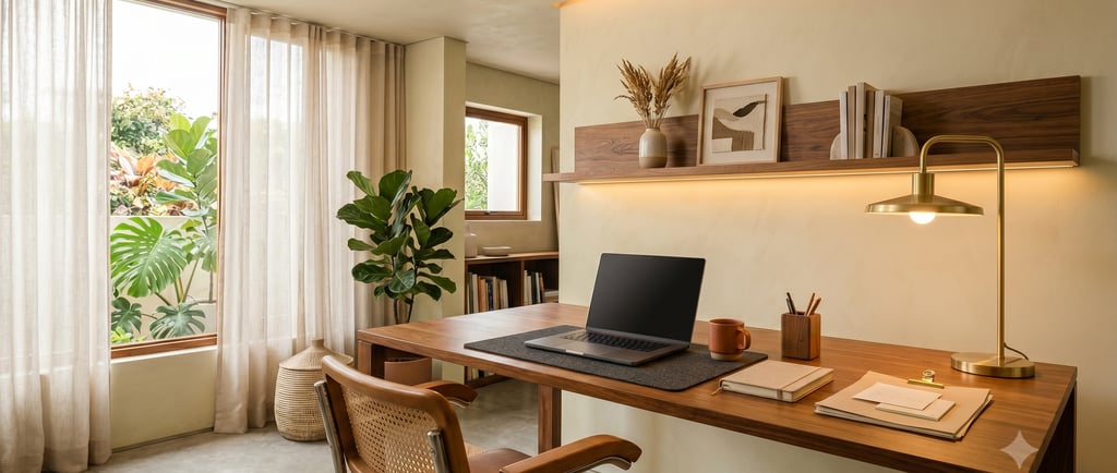 Home office com iluminação em três camadas: luz geral, tarefa difusa em 2700K e indireta para descanso visual.