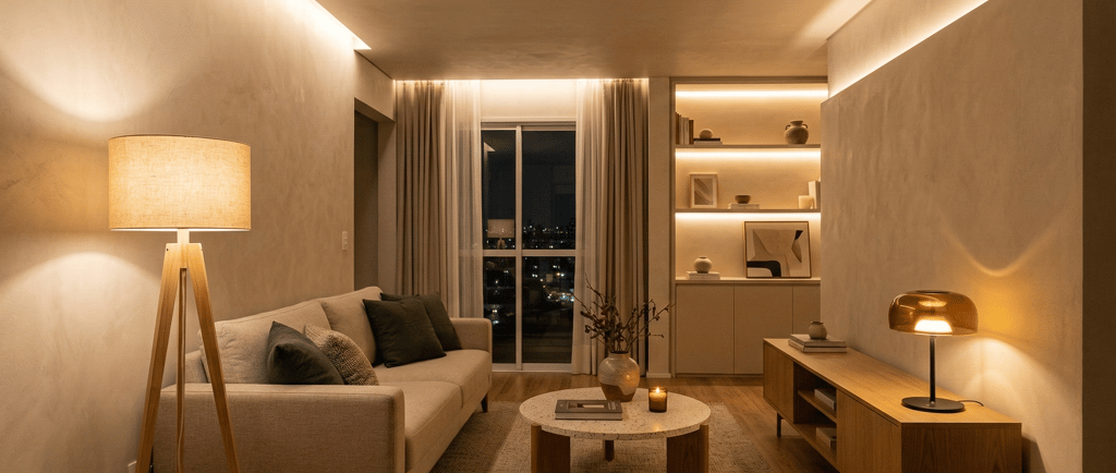 Apartamento pequeno com iluminação indireta planejada criando amplitude visual em projeto residencial contemporâneo.
