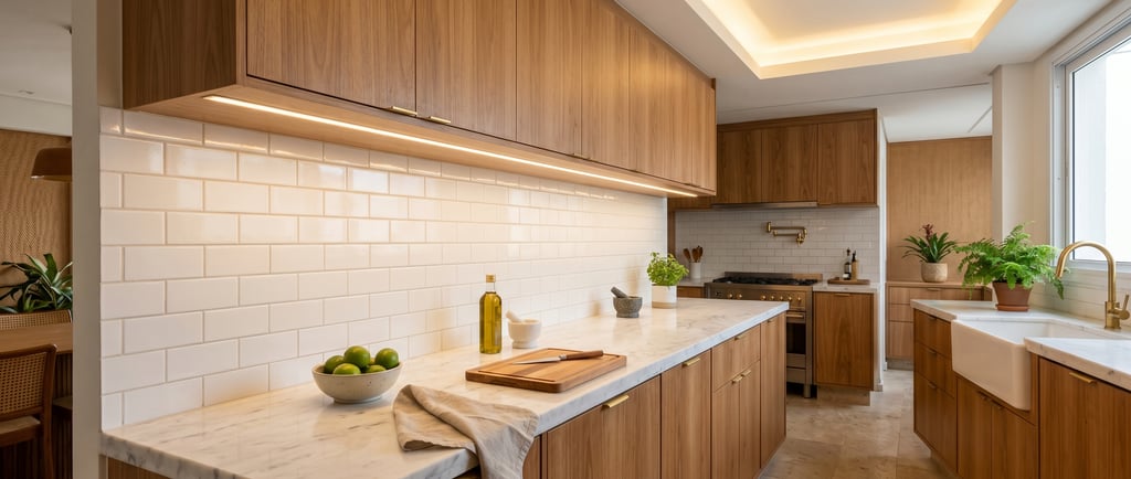 Cozinha com iluminação de tarefa centralizada sobre bancada, luz geral no forro, revestimento claro, ambiente funcional 2700K