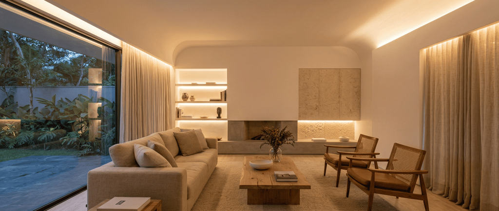Sanca de iluminação indireta em ambiente residencial contemporâneo com luz difusa criando atmosfera 
