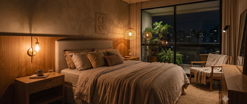 Quarto residencial com luz quente 2700K em dois circuitos, ambiente pensado para proteger a rotina noturna e o ciclo do sono