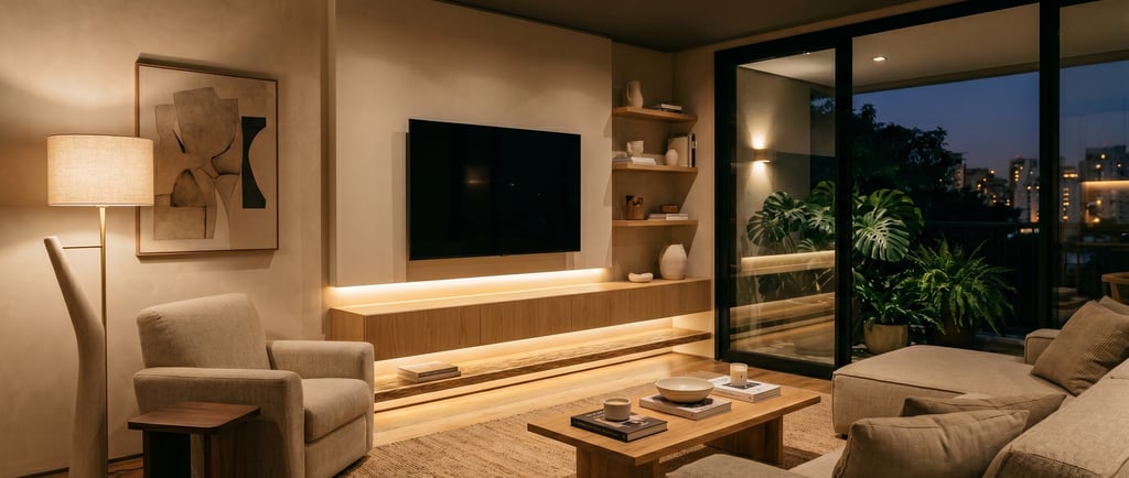 Sala de estar com iluminação em camadas: luz indireta no rack, spots no teto e luminária focal criando atmosfera acolhedora