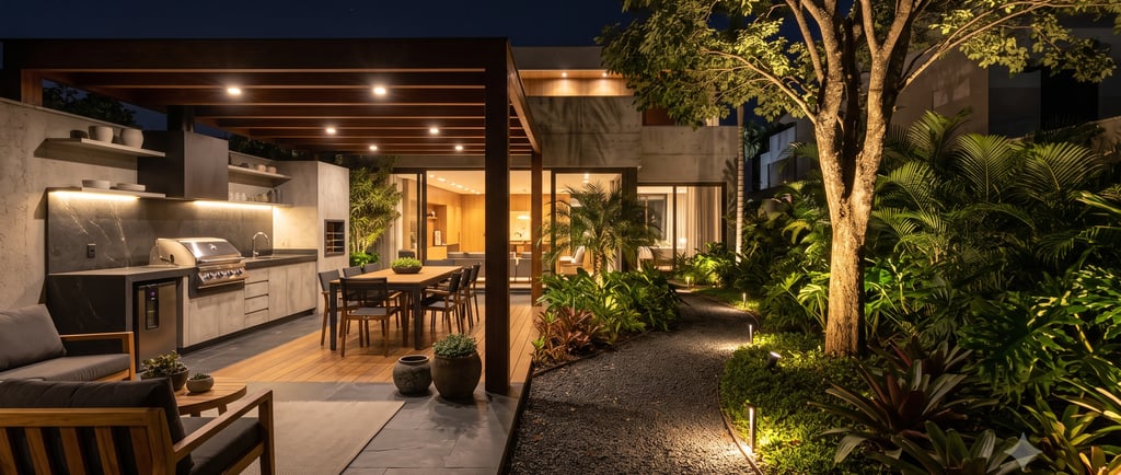 Varanda gourmet com iluminação geral e de bancada em 2700K, jardim com árvore destacada e caminho sinalizado por balizadores.