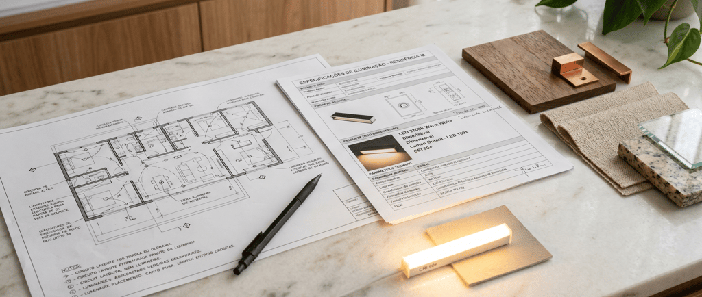 Planta de projeto de iluminação residencial sobre mesa com tabela de luminárias e amostras de materiais 