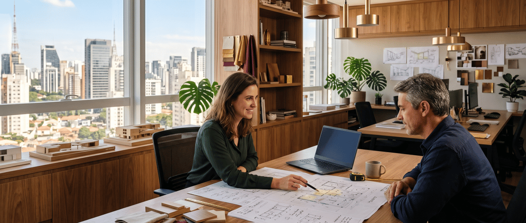 Arquiteta especialista em iluminação conversando com cliente sobre projeto luminotécnico residencial em escritório