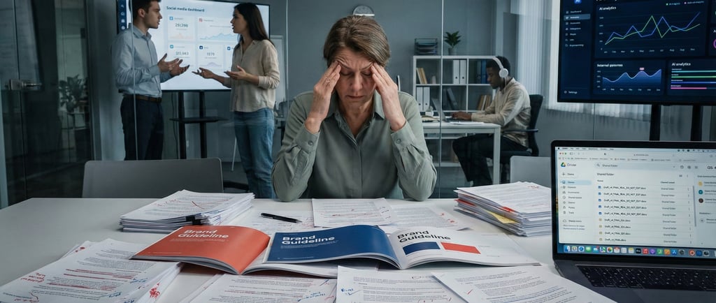 A stressed employee surrounded by piles of documents and computer screens in a communications office