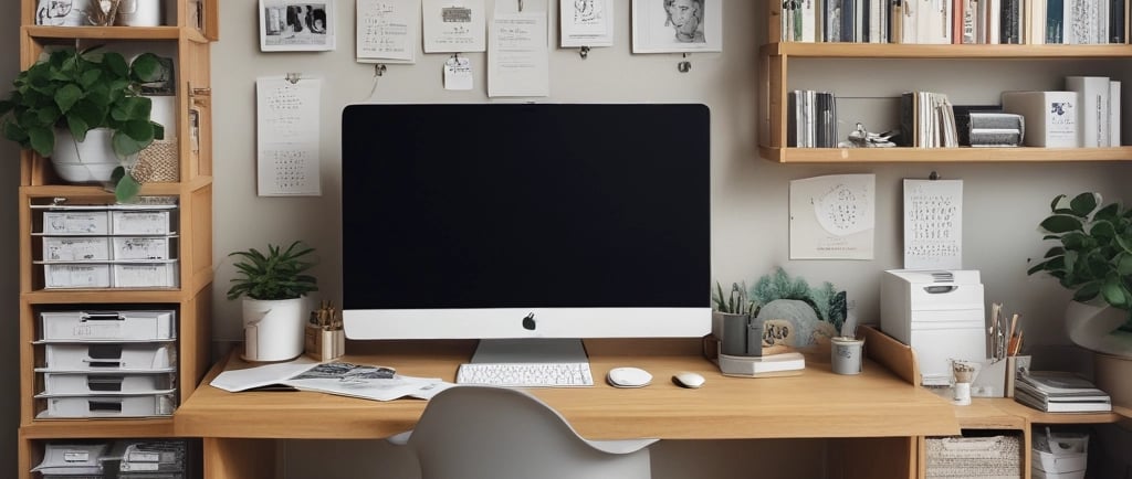 a wooden desk topped with a laptop computer