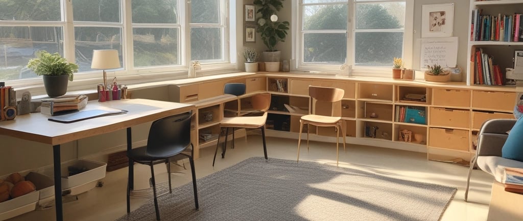 a classroom filled with desks and a chalkboard