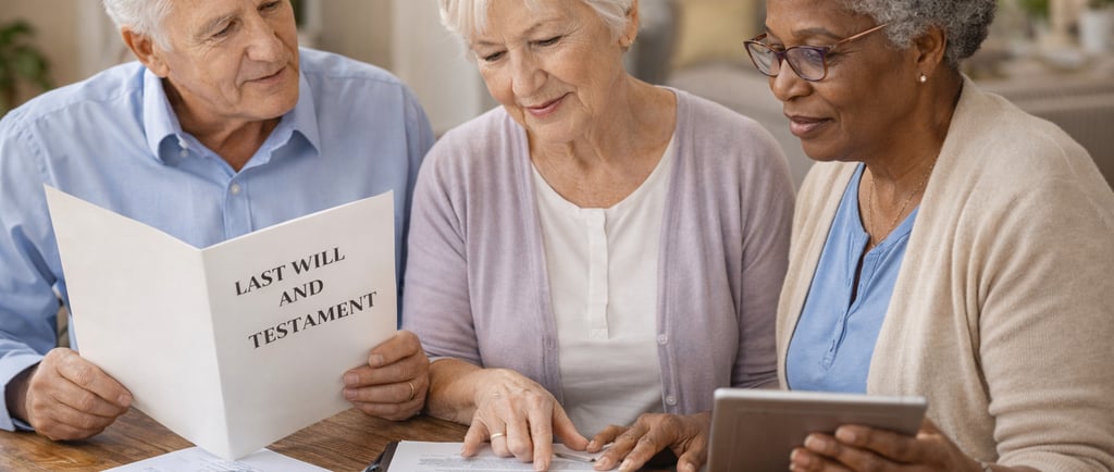 Three seniors discussing legal matters, including Last Will and Testament.