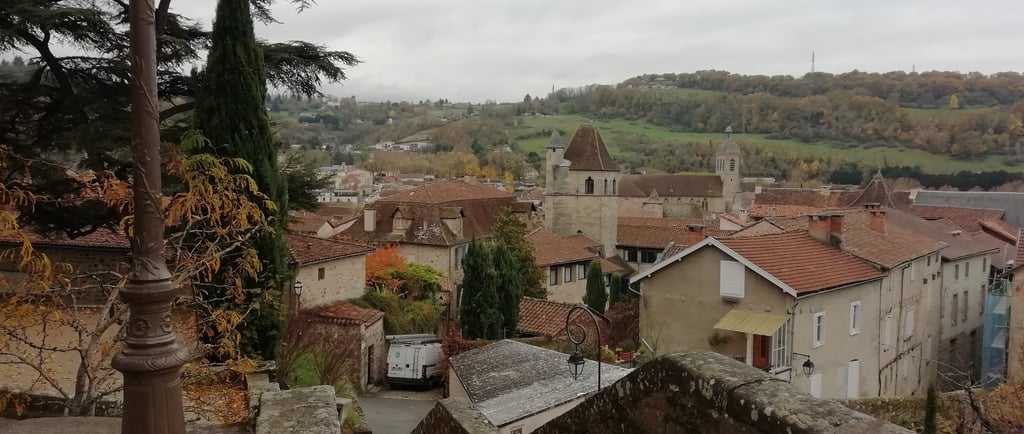 photo en hauteur du vieux Figeac, maison avec toits en tuiles, colline verte arborée