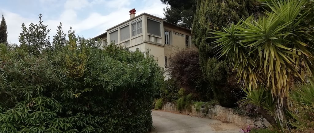 Driveway en béton tournant à gauche menant à une maison toulonnaise blottie dans la verdure
