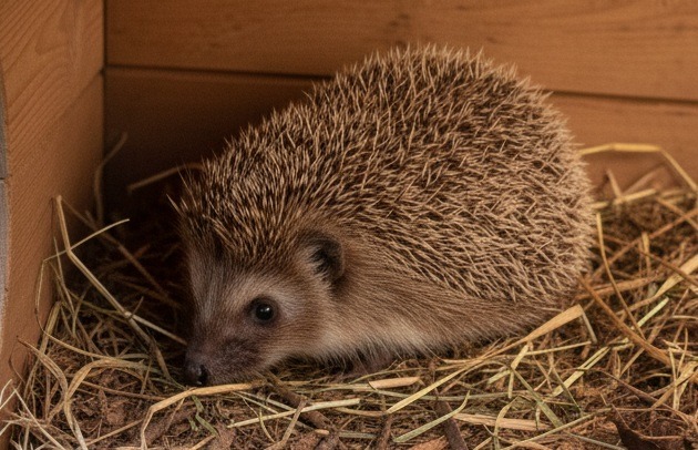 Hedgehog resting in a wooden garden shelter filled with straw, photographed up close