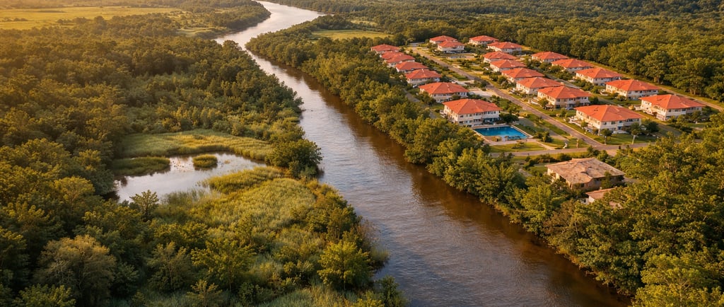 Vista aérea de condomínio residencial próximo a rio cercado por vegetação densa, i