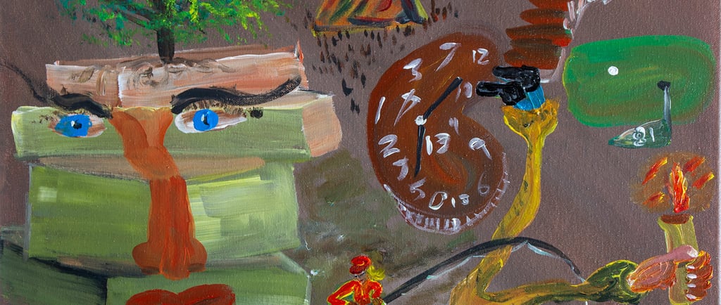 Stacked Books with Eyes, Clock strikes 13, and girl fishing surrealism