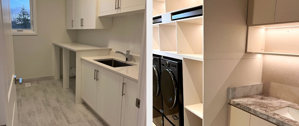 Before and after laundry room renovation featuring custom white cabinets and marble countertops.