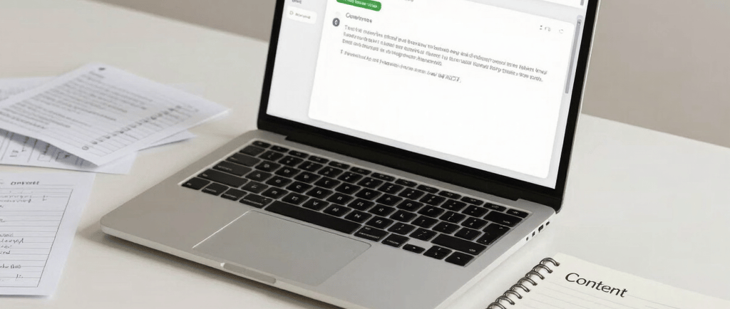 Workspace showing messy ideas next to an organized AI content system on a laptop and notebook
