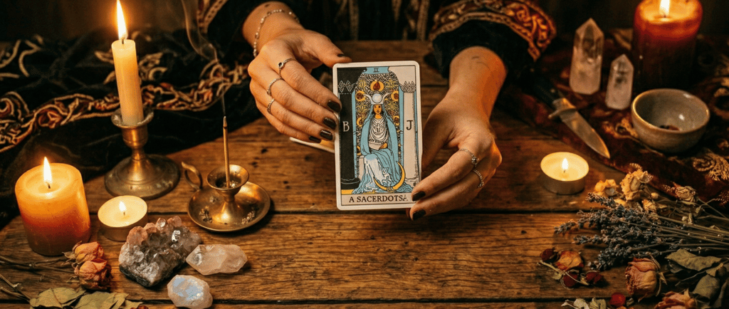 A fortune teller's hands holding The High Priestess tarot card on a wooden table with candles and crystals.
