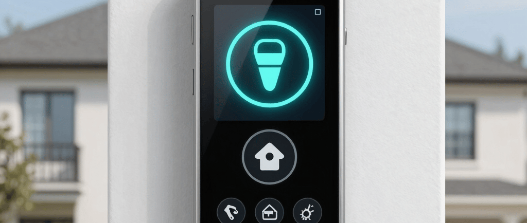 A close-up of a modern security camera mounted on a building corner at sunset.