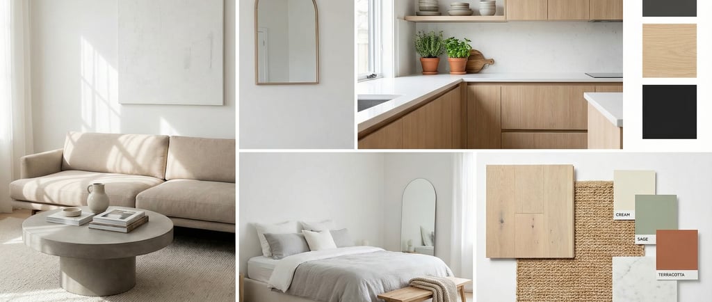 casa vacanza con moodboard arredamento cucina salotto camera da letto e palette colori e tessuti