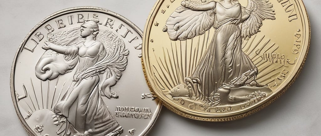 Several ornate gold rings displayed on stands