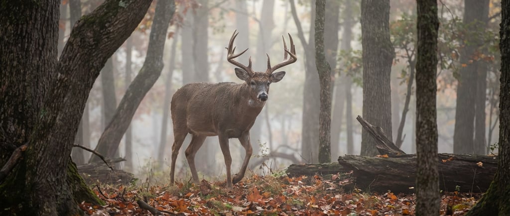 A majestic whitetail deer buck with large antlers standing in a misty autumn forest.