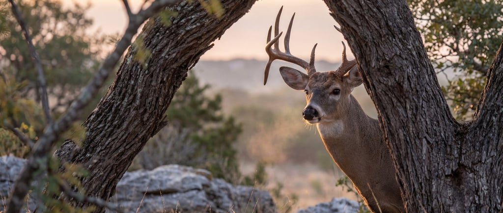 A majestic whitetail deer buck with large antlers peeking from behind a tree at sunset.