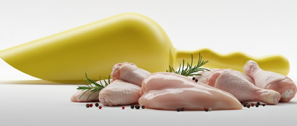 Yellow HACCP scoop for raw chicken processing. Risk prevention color-coding.