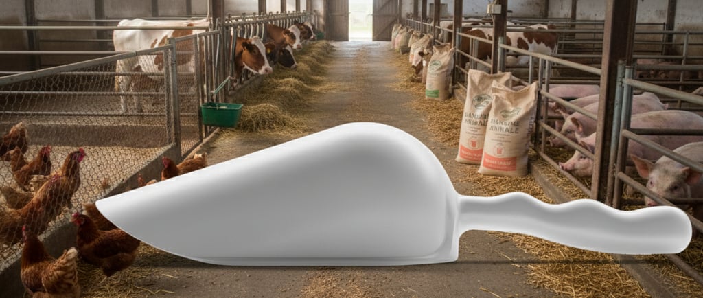 Sessola per zootecnia professionale. Strumento robusto e igienico per l'alimentazione del bestiame.