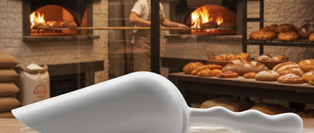 Sessola bianca HACCP per panifici e forni. Ideale per il dosaggio sicuro di farina e polveri alimentari.