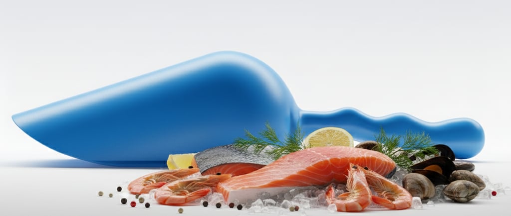 Sessola blu professionale per frutti di mare e molluschi. Tracciabile e sicura per il settore ittico.